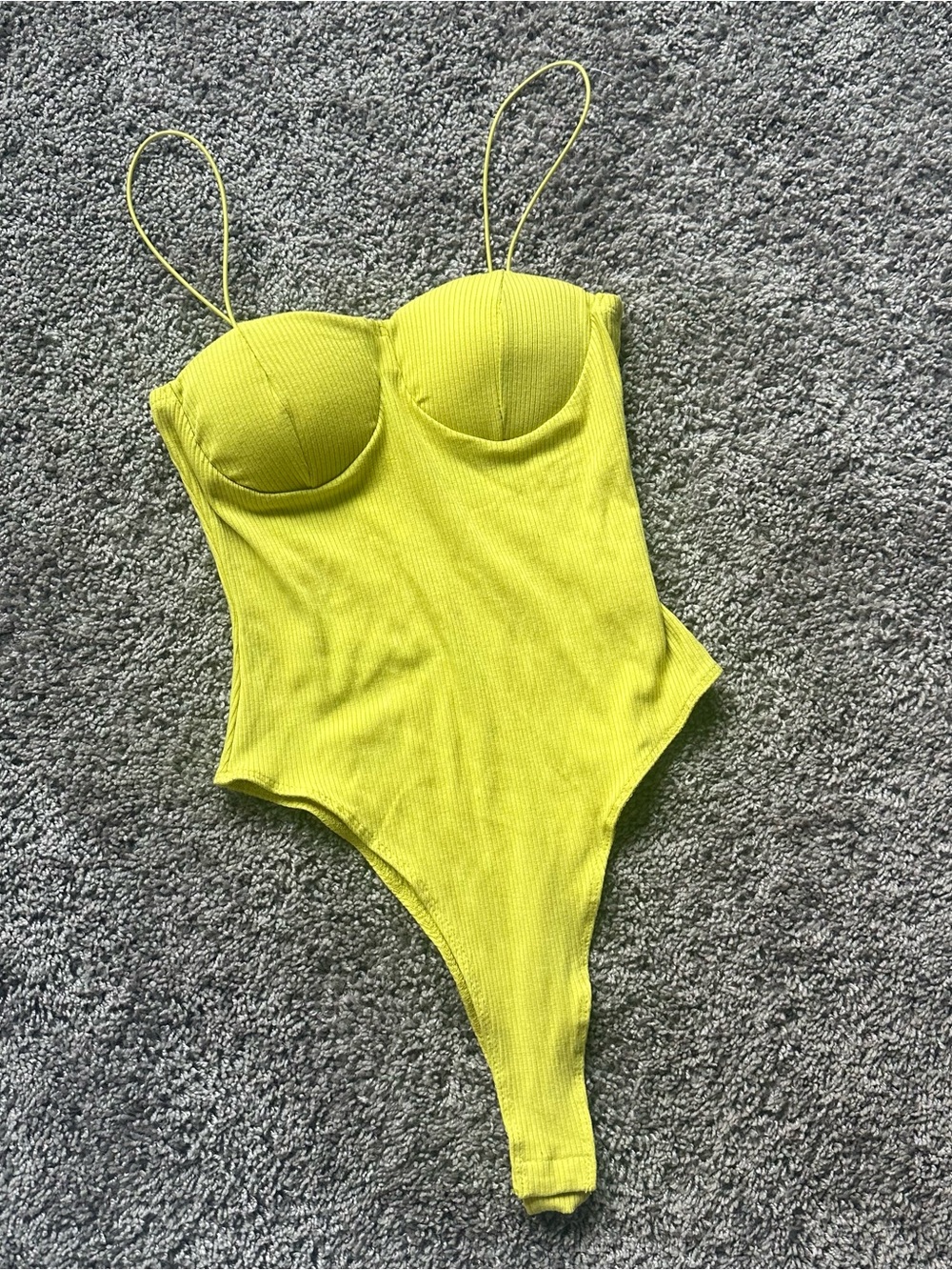Timing Lime Ribbed Bodysuit with Built-In Cups and Spaghetti Straps
